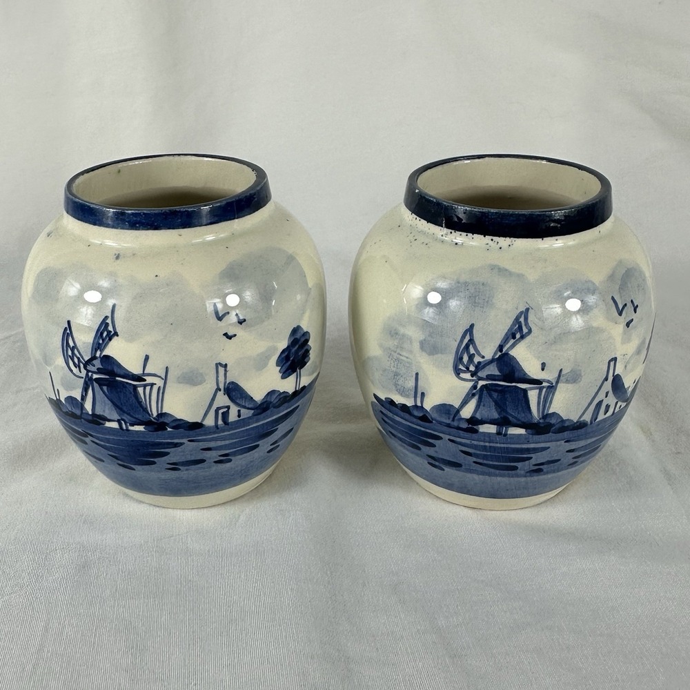 Vintage‎ Delfts Handpainted Blue White Windmill Ginger Jar Pair Small 3.5" Vases
